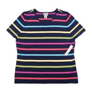Kim Rogers Signature Navy Blue Rainbow Striped Womens XL Short Sleeve Stretch